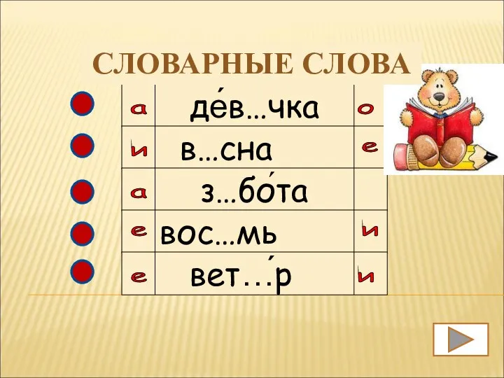 де́в…чка в…сна з…бо́та вос…мь вет…́р и а е е а о е и и СЛОВАРНЫЕ СЛОВА