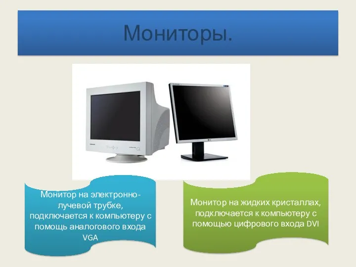 Мониторы. Монитор на электронно-лучевой трубке, подключается к компьютеру с помощь