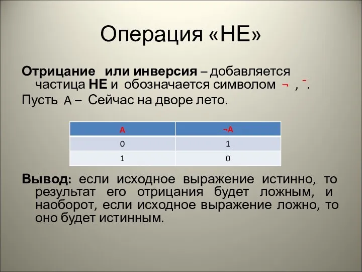 Операция «НЕ» Отрицание или инверсия – добавляется частица НЕ и