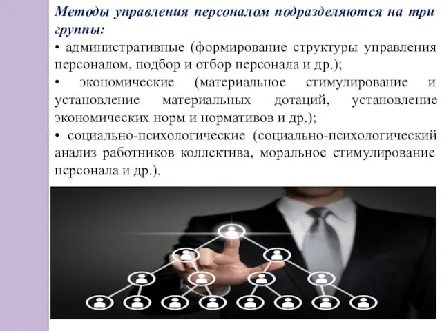 Методы управления персоналом подразделяются на три группы: • административные (формирование