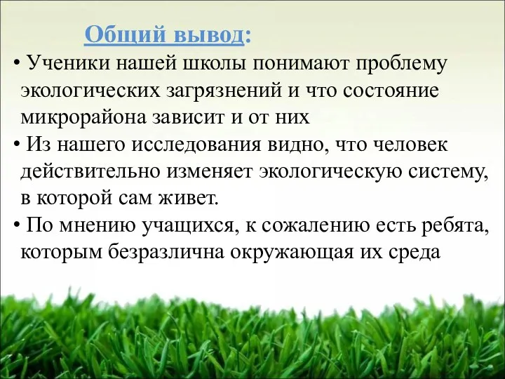 Общий вывод: Ученики нашей школы понимают проблему экологических загрязнений и