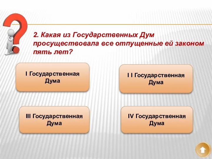 2. Какая из Государственных Дум просуществовала все отпущенные ей законом пять лет? I