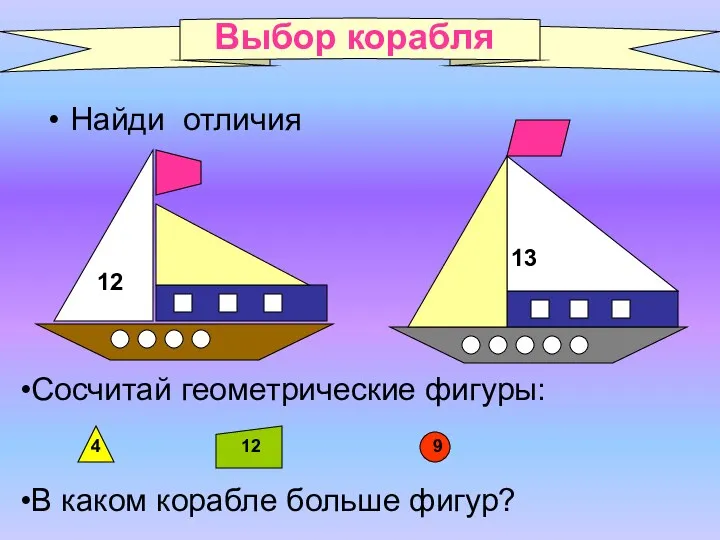 Выбор корабля Найди отличия Сосчитай геометрические фигуры: 4 9 12