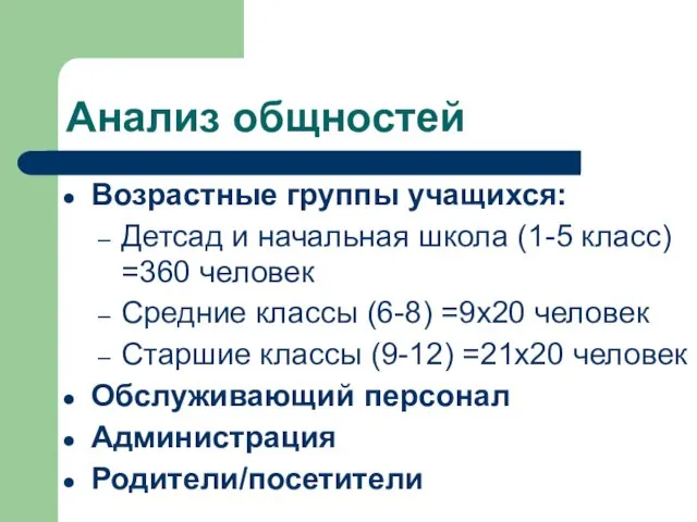 Анализ общностей Возрастные группы учащихся: Детсад и начальная школа (1-5