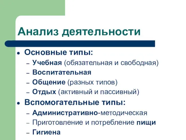 Анализ деятельности Основные типы: Учебная (обязательная и свободная) Воспитательная Общение