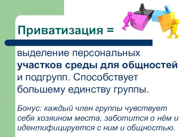 Приватизация = выделение персональных участков среды для общностей и подгрупп. Способствует большему единству