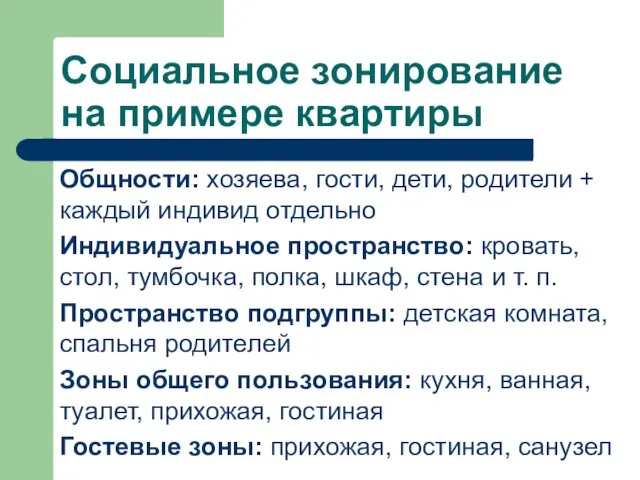 Социальное зонирование на примере квартиры Общности: хозяева, гости, дети, родители + каждый индивид