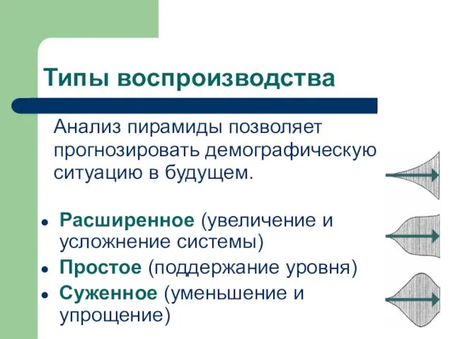 Анализ пирамиды позволяет прогнозировать демографическую ситуацию в будущем. Расширенное (увеличение и усложнение системы)