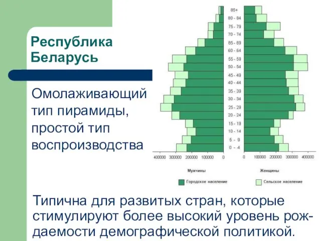 Республика Беларусь Омолаживающий тип пирамиды, простой тип воспроизводства Типична для развитых стран, которые