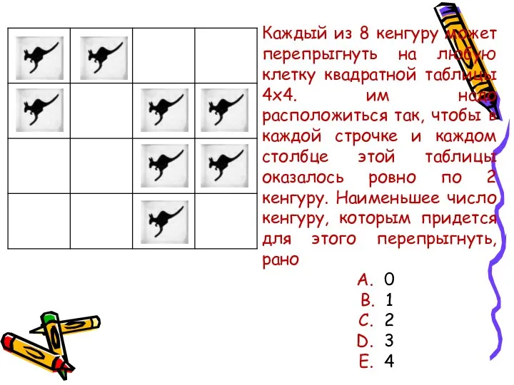 Каждый из 8 кенгуру может перепрыгнуть на любую клетку квадратной