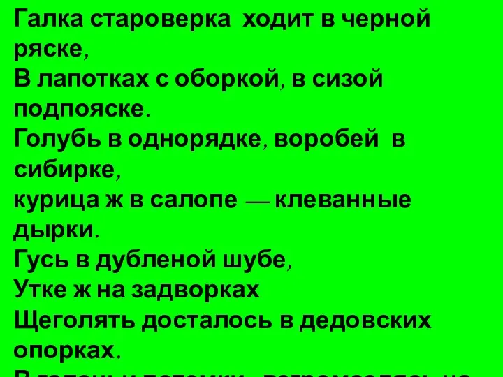 Галка староверка ходит в черной ряске, В лапотках с оборкой,