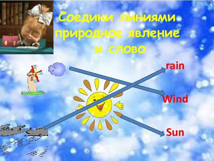 Соедини линиями природное явление и слово rain Wind Sun