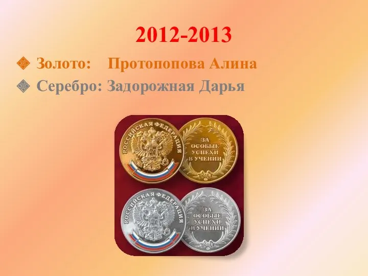 2012-2013 Золото: Протопопова Алина Серебро: Задорожная Дарья