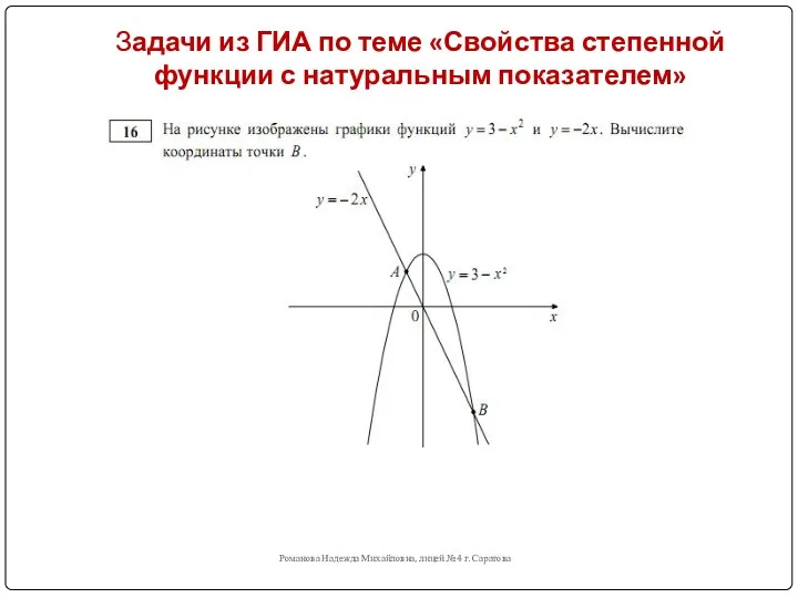 Задачи из ГИА по теме «Свойства степенной функции с натуральным показателем» Романова Надежда