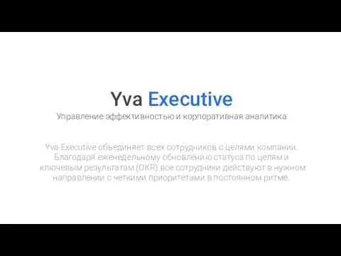 Yva Executive Управление эффективностью и корпоративная аналитика Yva Executive объединяет