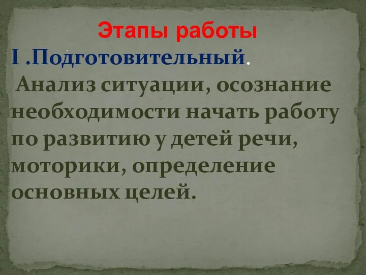 Этапы работы . I .Подготовительный. Анализ ситуации, осознание необходимости начать работу по развитию