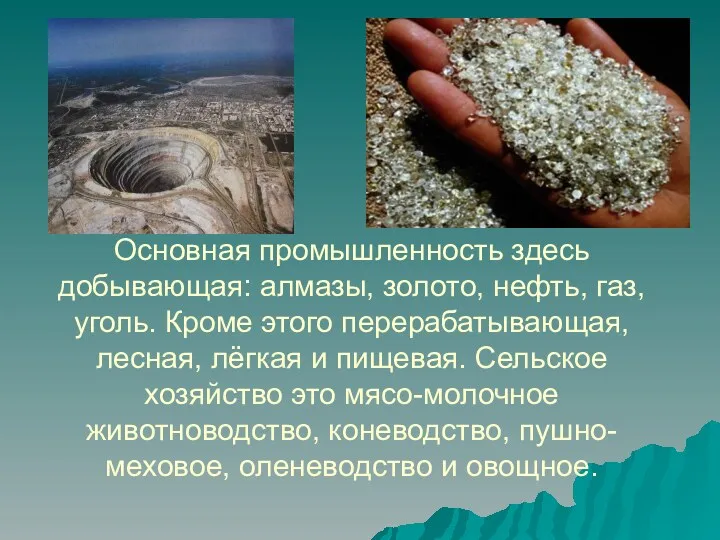 Основная промышленность здесь добывающая: алмазы, золото, нефть, газ, уголь. Кроме