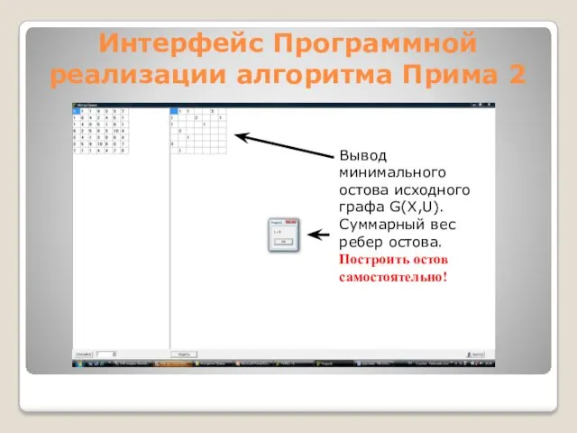 Интерфейс Программной реализации алгоритма Прима 2 Вывод минимального остова исходного