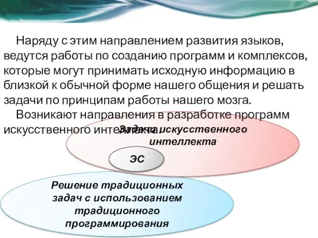 Решение традиционных задач с использованием традиционного программирования Задачи искусственного интеллекта ЭС Наряду с