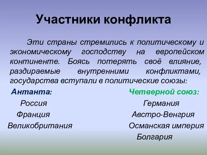 Участники конфликта Эти страны стремились к политическому и экономическому господству