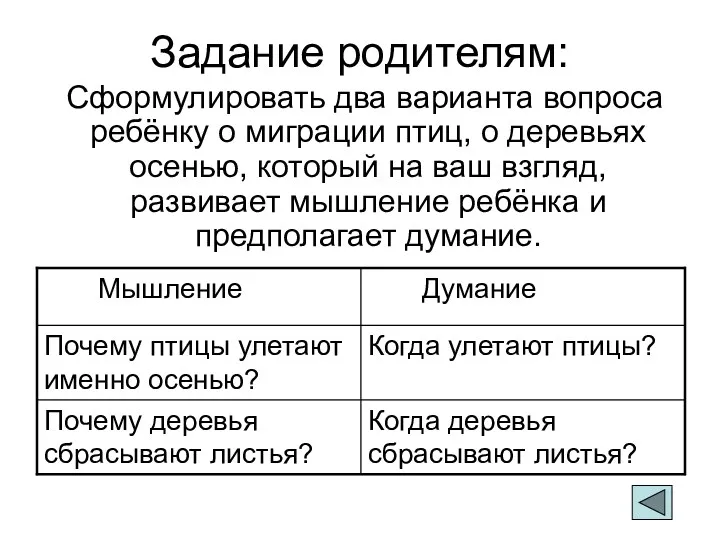 Задание родителям: Сформулировать два варианта вопроса ребёнку о миграции птиц,