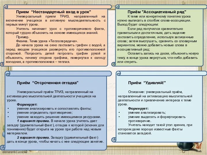 Прием “Нестандартный вход в урок” Универсальный прием ТРИЗ, направленный на включение учащихся в