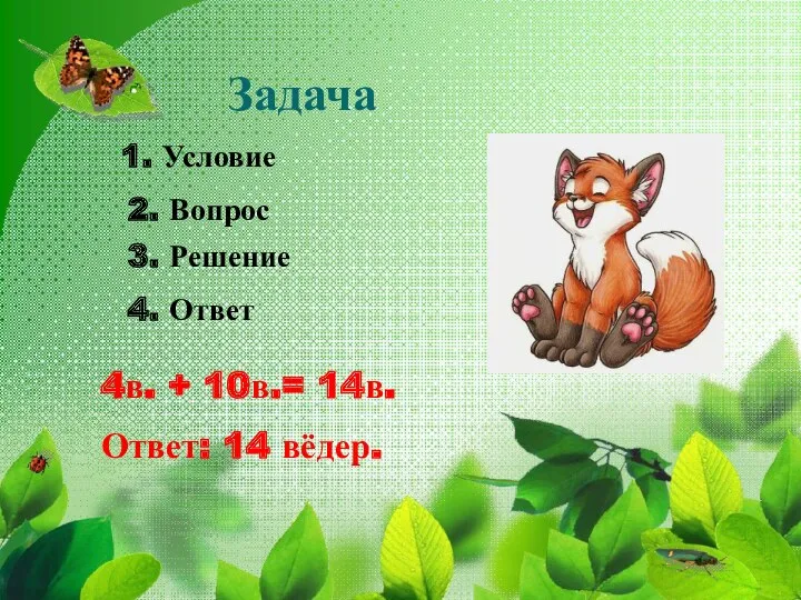 Задача 1. Условие 2. Вопрос 3. Решение 4. Ответ 4в. + 10в.= 14в. Ответ: 14 вёдер.