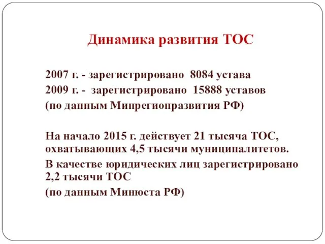 Динамика развития ТОС 2007 г. - зарегистрировано 8084 устава 2009
