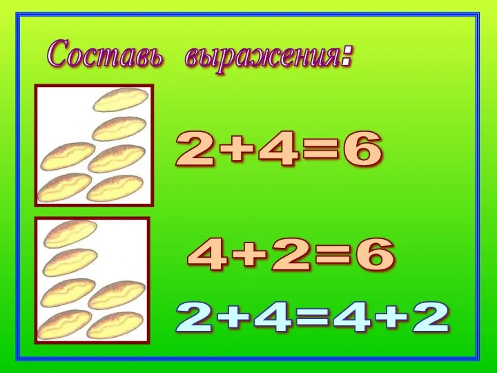 2+4=6 4+2=6 2+4=4+2 Составь выражения: