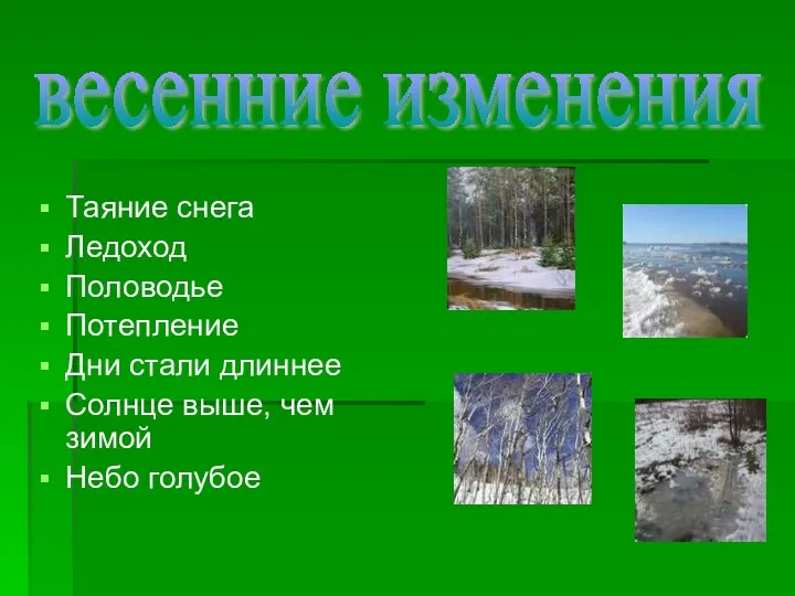 Таяние снега Ледоход Половодье Потепление Дни стали длиннее Солнце выше, чем зимой Небо голубое весенние изменения