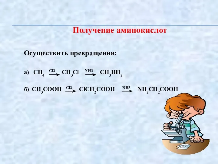 Получение аминокислот Осуществить превращения: а) СН4 Сl2 СН3Сl NН3 СН3НН2 б) СН3СООН Сl2 СlСН2СООН NН3 NН2СН2СООН