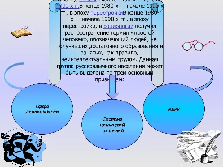 Сфера деятельности язык Система ценностей и целей В конце 1980-хВ