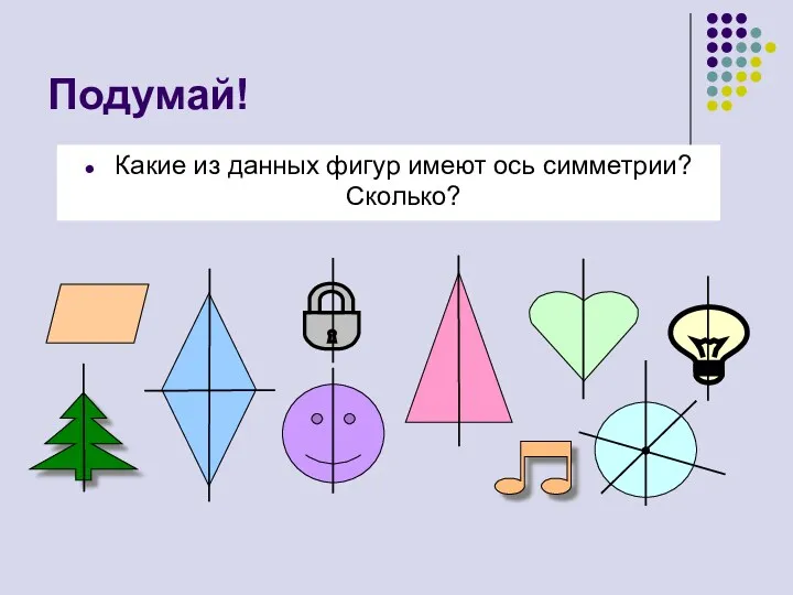 Подумай! Какие из данных фигур имеют ось симметрии? Сколько?