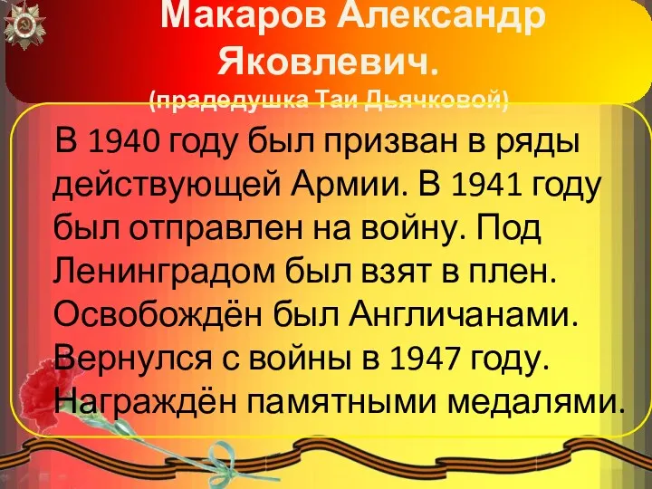 Макаров Александр Яковлевич. (прадедушка Таи Дьячковой) В 1940 году был призван в ряды