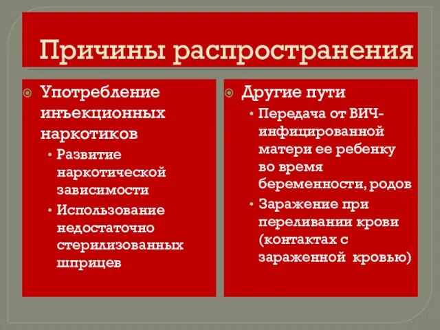 Причины распространения Употребление инъекционных наркотиков Развитие наркотической зависимости Использование недостаточно