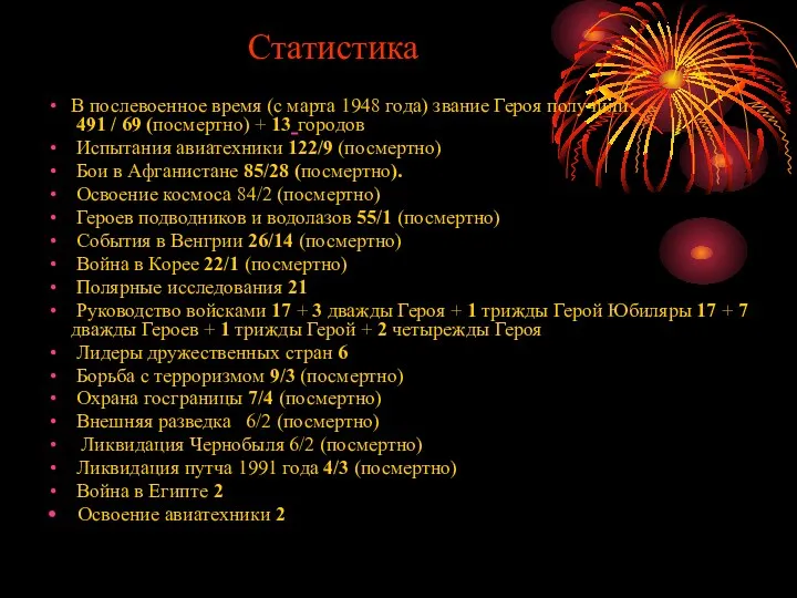 Статистика В послевоенное время (с марта 1948 года) звание Героя