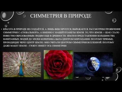 СИММЕТРИЯ В ПРИРОДЕ КРАСОТА В ПРИРОДЕ НЕ СОЗДАЁТСЯ, А ЛИШЬ