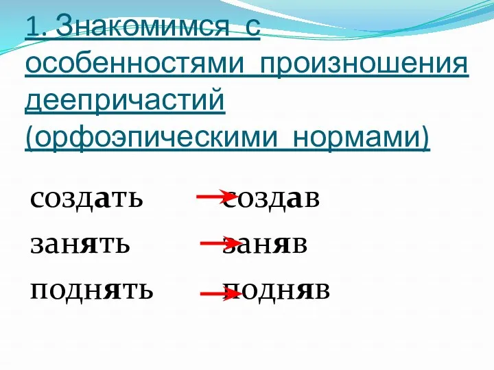 1. Знакомимся с особенностями произношения деепричастий (орфоэпическими нормами) создать занять поднять создав заняв подняв