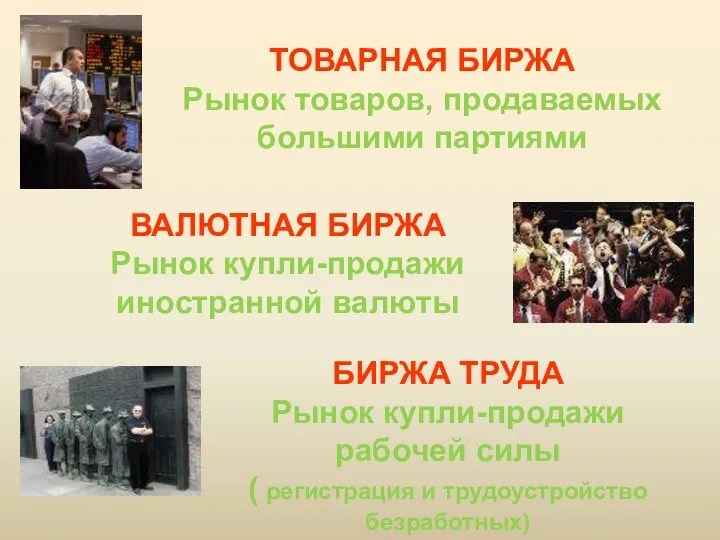 ТОВАРНАЯ БИРЖА Рынок товаров, продаваемых большими партиями ВАЛЮТНАЯ БИРЖА Рынок