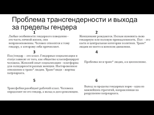 Проблема трансгендерности и выхода за пределы гендера Любые особенности гендерного