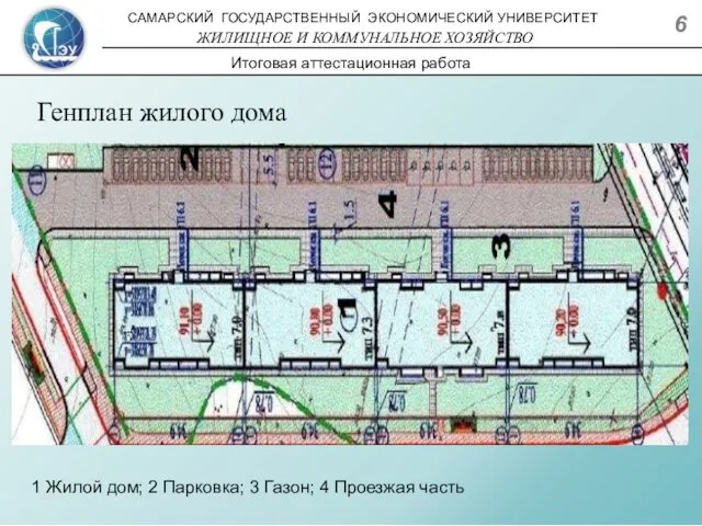 Генплан жилого дома 1 Жилой дом; 2 Парковка; 3 Газон; 4 Проезжая часть