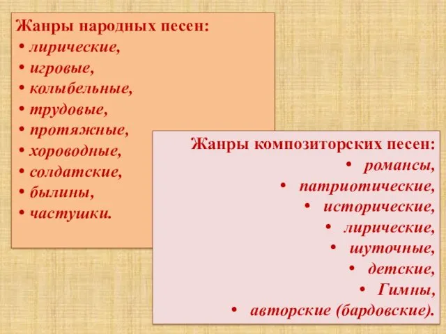 Жанры народных песен: лирические, игровые, колыбельные, трудовые, протяжные, хороводные, солдатские,