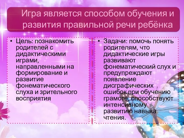 Цель: познакомить родителей с дидактическими играми, направленными на формирование и развитие фонематического слуха