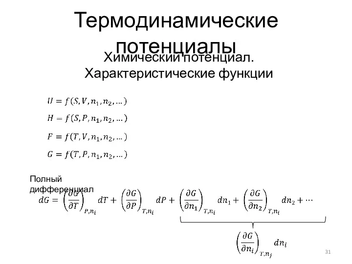 Термодинамические потенциалы Химический потенциал. Характеристические функции Полный дифференциал