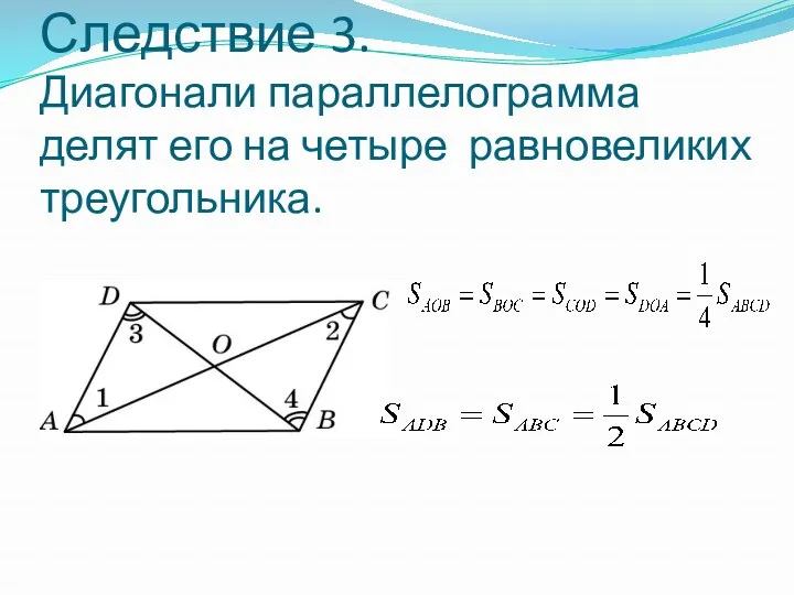 Следствие 3. Диагонали параллелограмма делят его на четыре равновеликих треугольника.