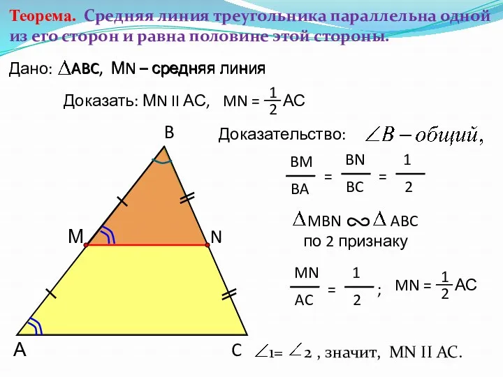 Теорема. Средняя линия треугольника параллельна одной из его сторон и равна половине этой