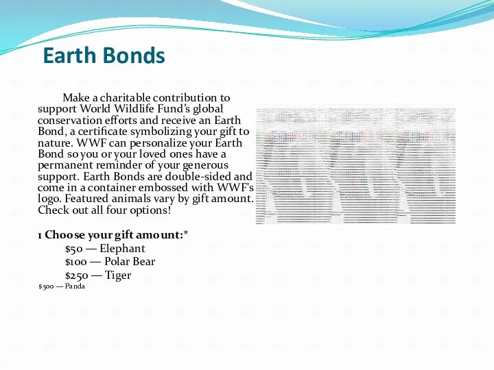 Earth Bonds Make a charitable contribution to support World Wildlife