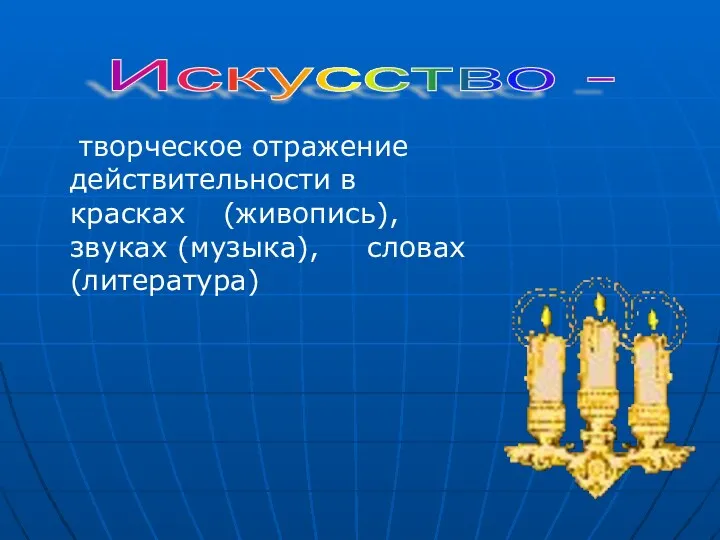 творческое отражение действительности в красках (живопись), звуках (музыка), словах (литература) Искусство -