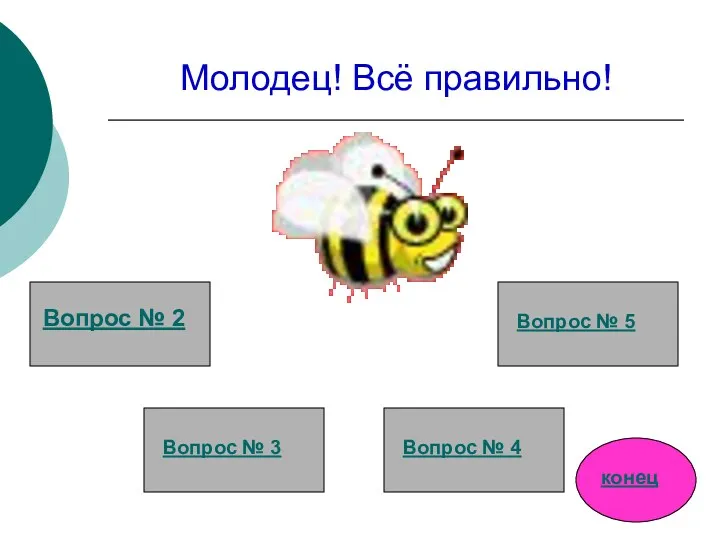 Молодец! Всё правильно! Вопрос № 3 Вопрос № 4 Вопрос № 5 конец Вопрос № 2