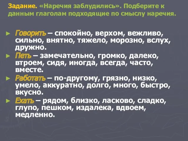 Задание. «Наречия заблудились». Подберите к данным глаголам подходящие по смыслу наречия. Говорить –